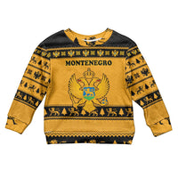 Montenegro Christmas Kid Ugly Christmas Sweater with Gold-Black Theme, Double-Headed Eagle, and Map Motif - Wonder Print Shop