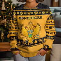 Montenegro Christmas Kid Ugly Christmas Sweater with Gold-Black Theme, Double-Headed Eagle, and Map Motif - Wonder Print Shop