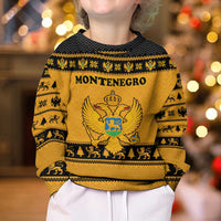 Montenegro Christmas Kid Ugly Christmas Sweater with Gold-Black Theme, Double-Headed Eagle, and Map Motif - Wonder Print Shop