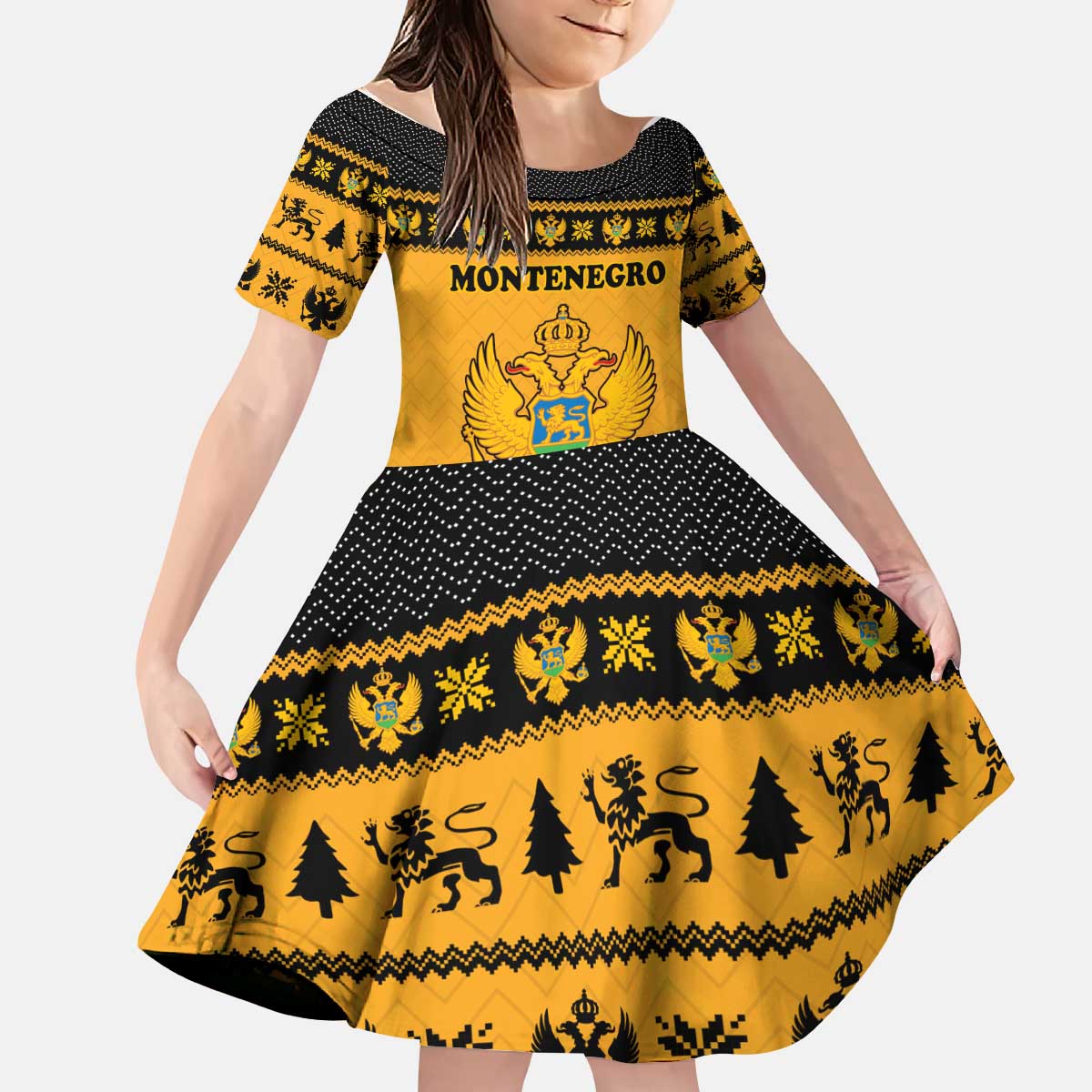 Montenegro Christmas Kid Short Sleeve Dress with Gold-Black Theme, Double-Headed Eagle, and Map Motif - Wonder Print Shop