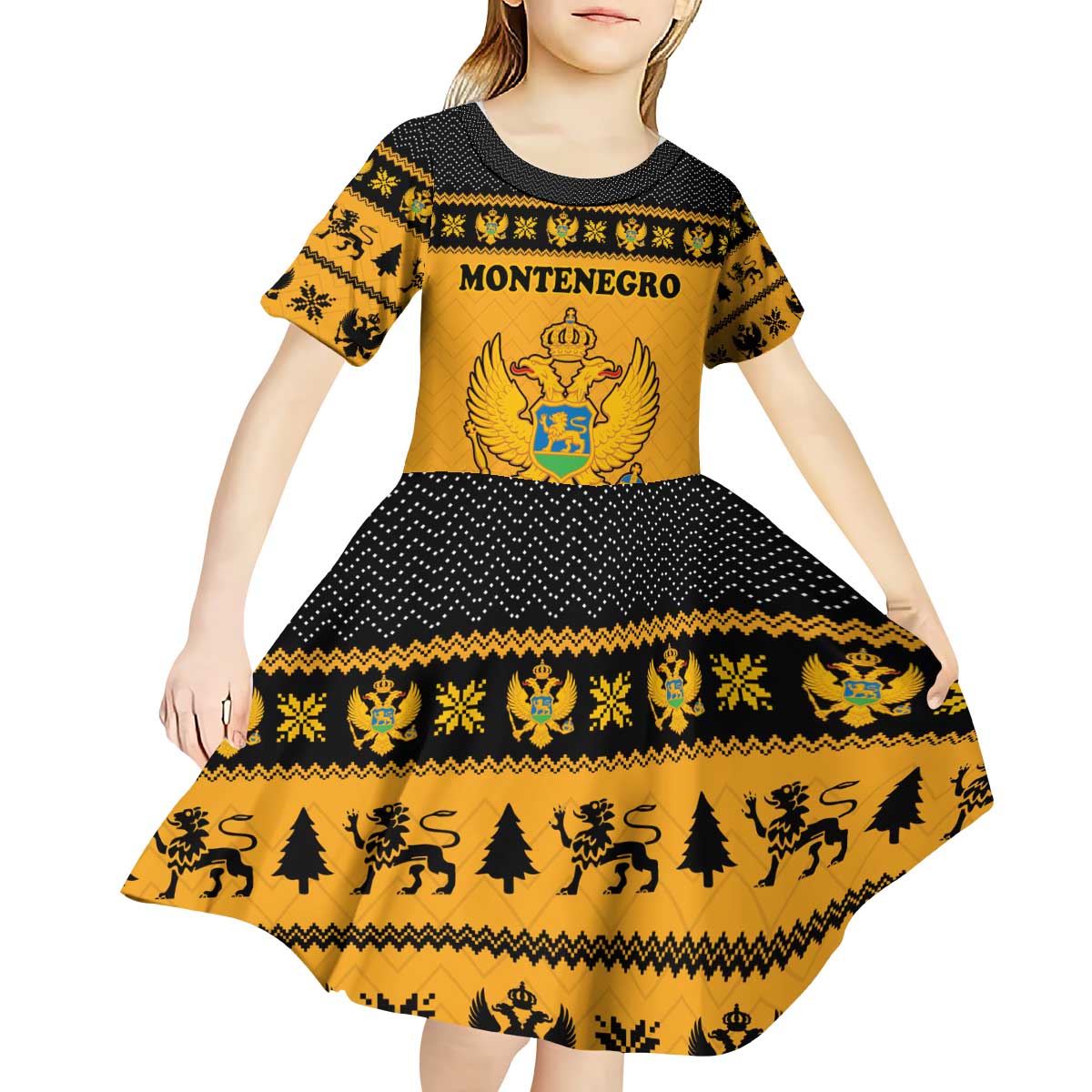 Montenegro Christmas Kid Short Sleeve Dress with Gold-Black Theme, Double-Headed Eagle, and Map Motif - Wonder Print Shop