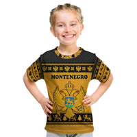 Montenegro Christmas Kid T Shirt with Gold-Black Theme, Double-Headed Eagle, and Map Motif - Wonder Print Shop