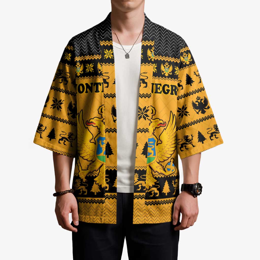 Montenegro Christmas Kimono with Gold-Black Theme, Double-Headed Eagle, and Map Motif - Wonder Print Shop
