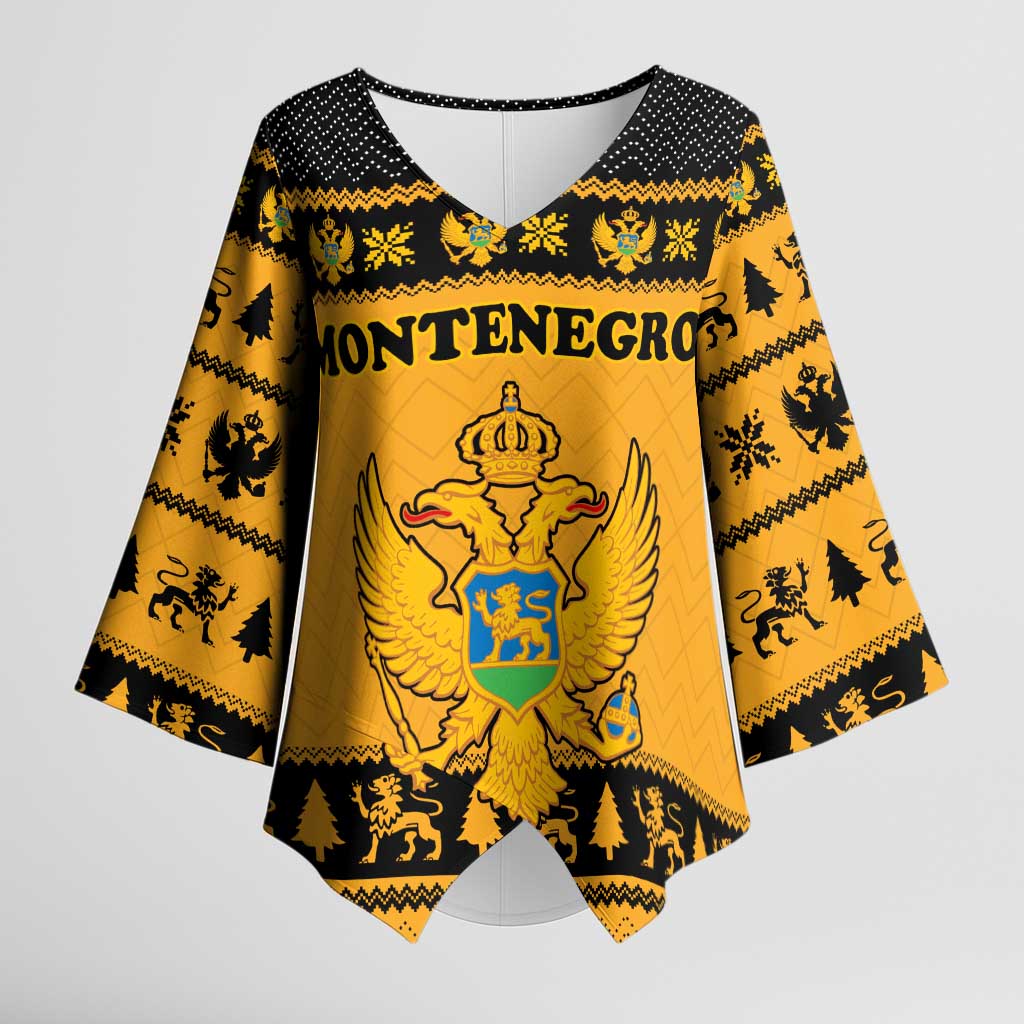 Montenegro Christmas Kimono Sleeve Blouse with Gold-Black Theme, Double-Headed Eagle, and Map Motif - Wonder Print Shop