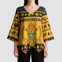 Montenegro Christmas Kimono Sleeve Blouse with Gold-Black Theme, Double-Headed Eagle, and Map Motif - Wonder Print Shop