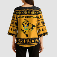 Montenegro Christmas Kimono Sleeve Blouse with Gold-Black Theme, Double-Headed Eagle, and Map Motif - Wonder Print Shop