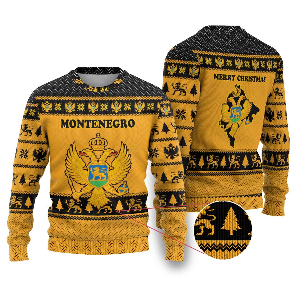 Montenegro Christmas Ugly Christmas Sweater with Gold-Black Theme, Double-Headed Eagle, and Map Motif - Wonder Print Shop