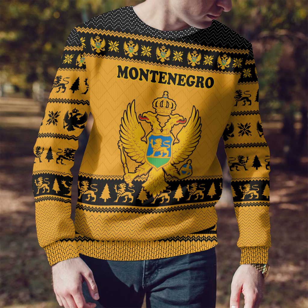 Montenegro Christmas Ugly Christmas Sweater with Gold-Black Theme, Double-Headed Eagle, and Map Motif - Wonder Print Shop
