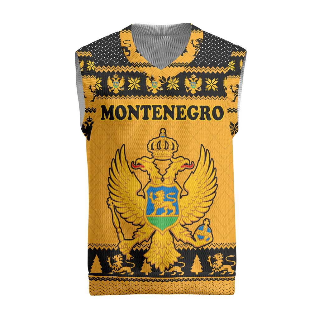 Montenegro Christmas Knitted V-Neck Vest with Gold-Black Theme, Double-Headed Eagle, and Map Motif - Wonder Print Shop