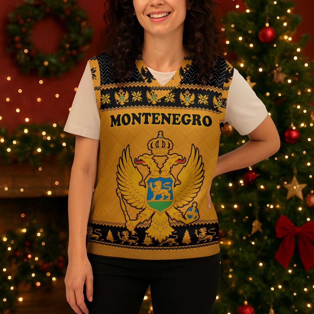 Montenegro Christmas Knitted V-Neck Vest with Gold-Black Theme, Double-Headed Eagle, and Map Motif - Wonder Print Shop