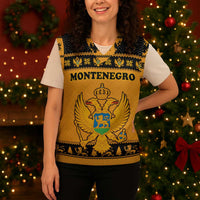 Montenegro Christmas Knitted V-Neck Vest with Gold-Black Theme, Double-Headed Eagle, and Map Motif - Wonder Print Shop