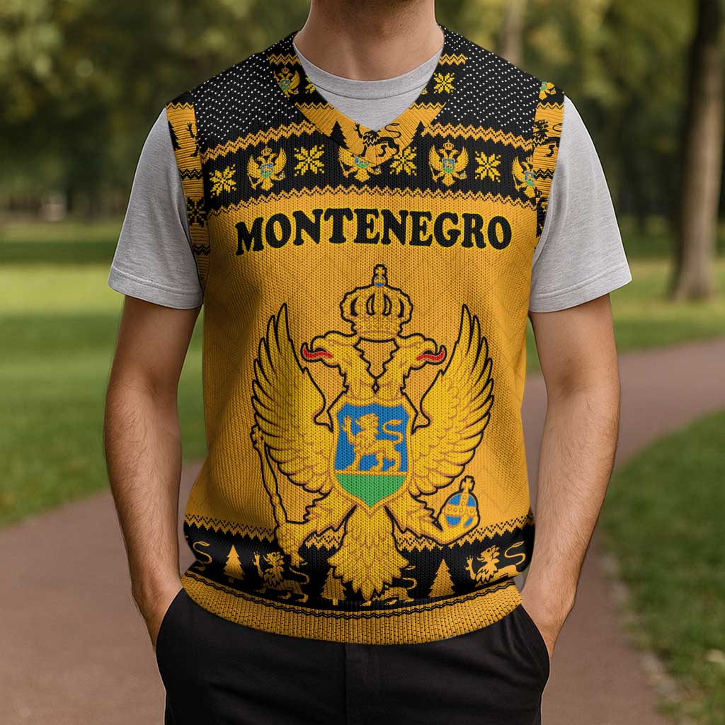 Montenegro Christmas Knitted V-Neck Vest with Gold-Black Theme, Double-Headed Eagle, and Map Motif - Wonder Print Shop
