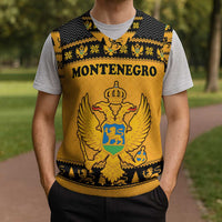 Montenegro Christmas Knitted V-Neck Vest with Gold-Black Theme, Double-Headed Eagle, and Map Motif - Wonder Print Shop