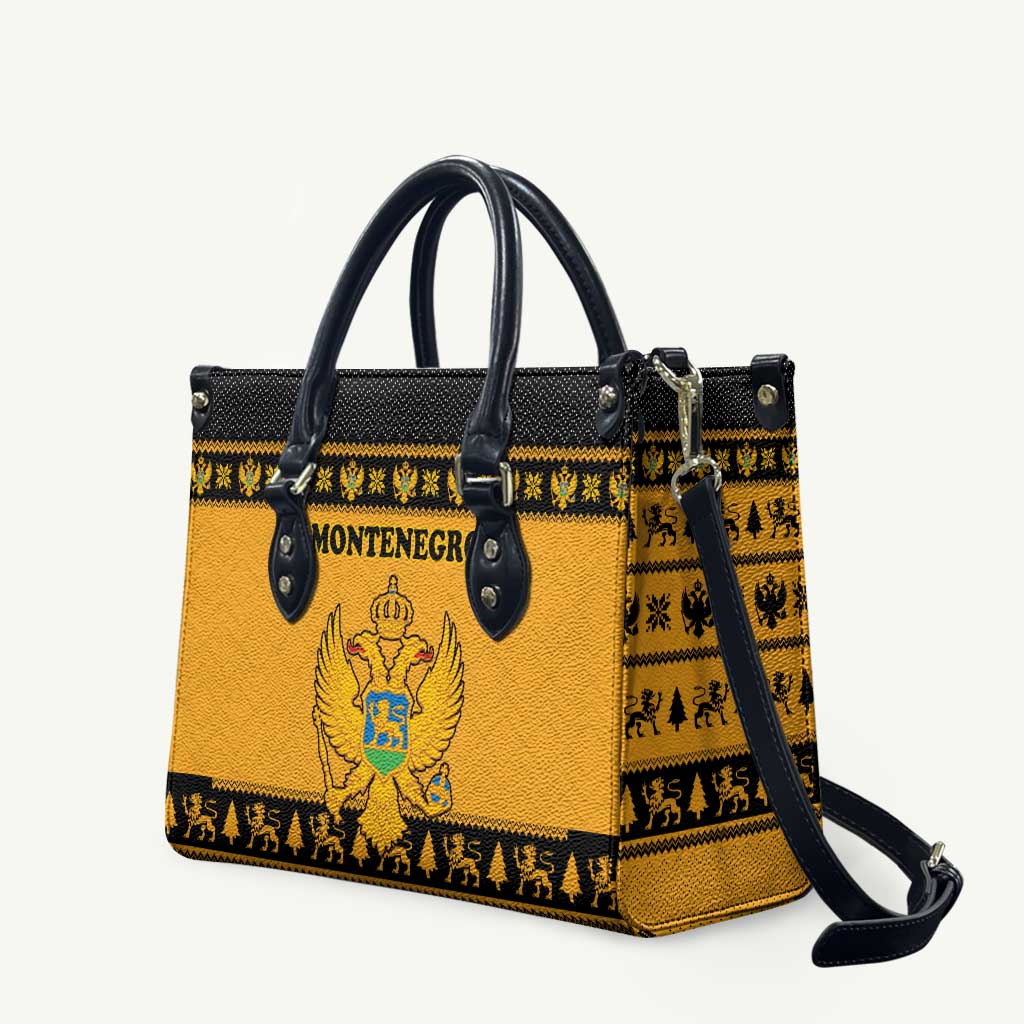 Montenegro Christmas Leather Bag with Gold-Black Theme, Double-Headed Eagle, and Map Motif - Wonder Print Shop