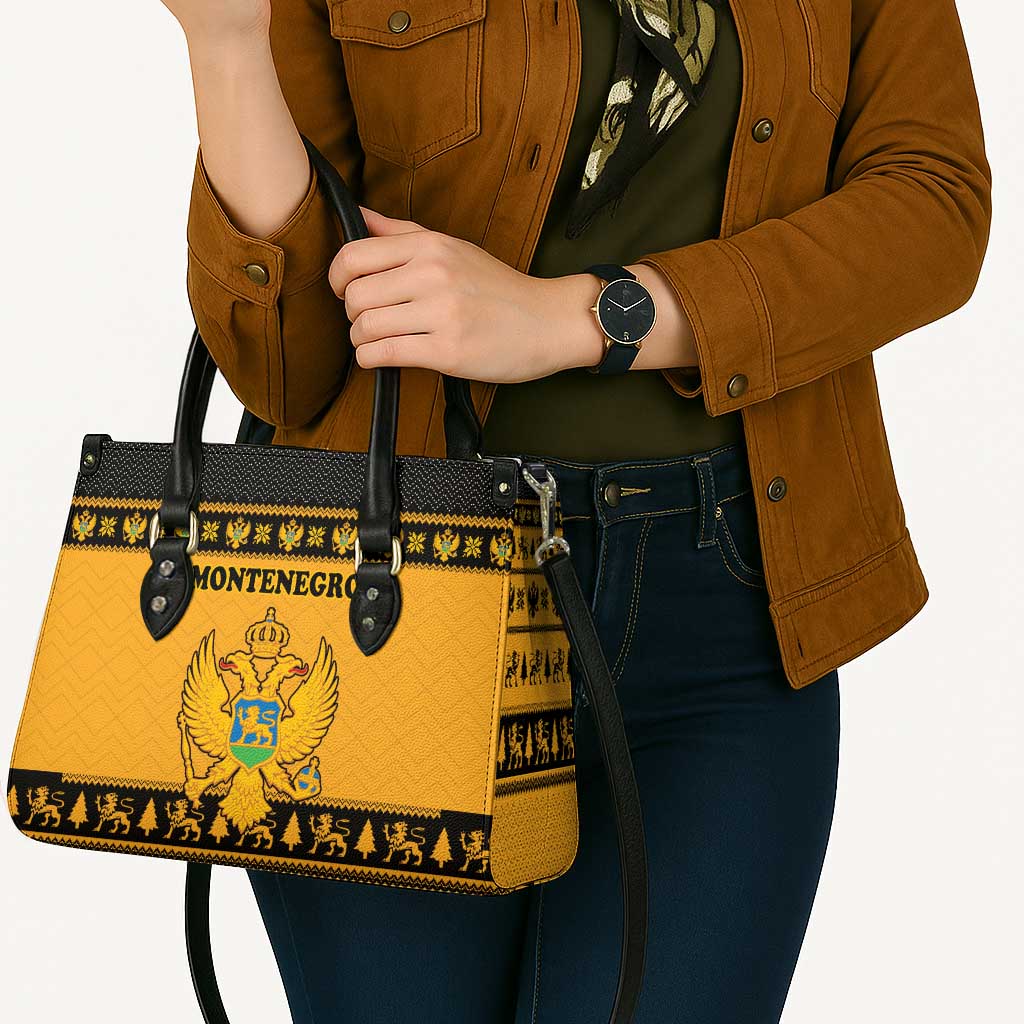 Montenegro Christmas Leather Bag with Gold-Black Theme, Double-Headed Eagle, and Map Motif - Wonder Print Shop