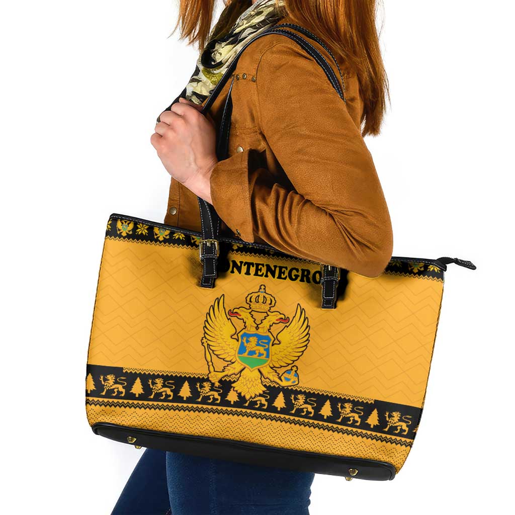 Montenegro Christmas Leather Tote Bag with Gold-Black Theme, Double-Headed Eagle, and Map Motif - Wonder Print Shop
