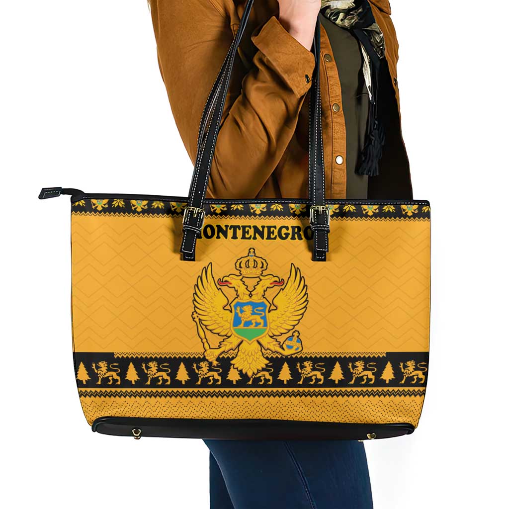 Montenegro Christmas Leather Tote Bag with Gold-Black Theme, Double-Headed Eagle, and Map Motif - Wonder Print Shop