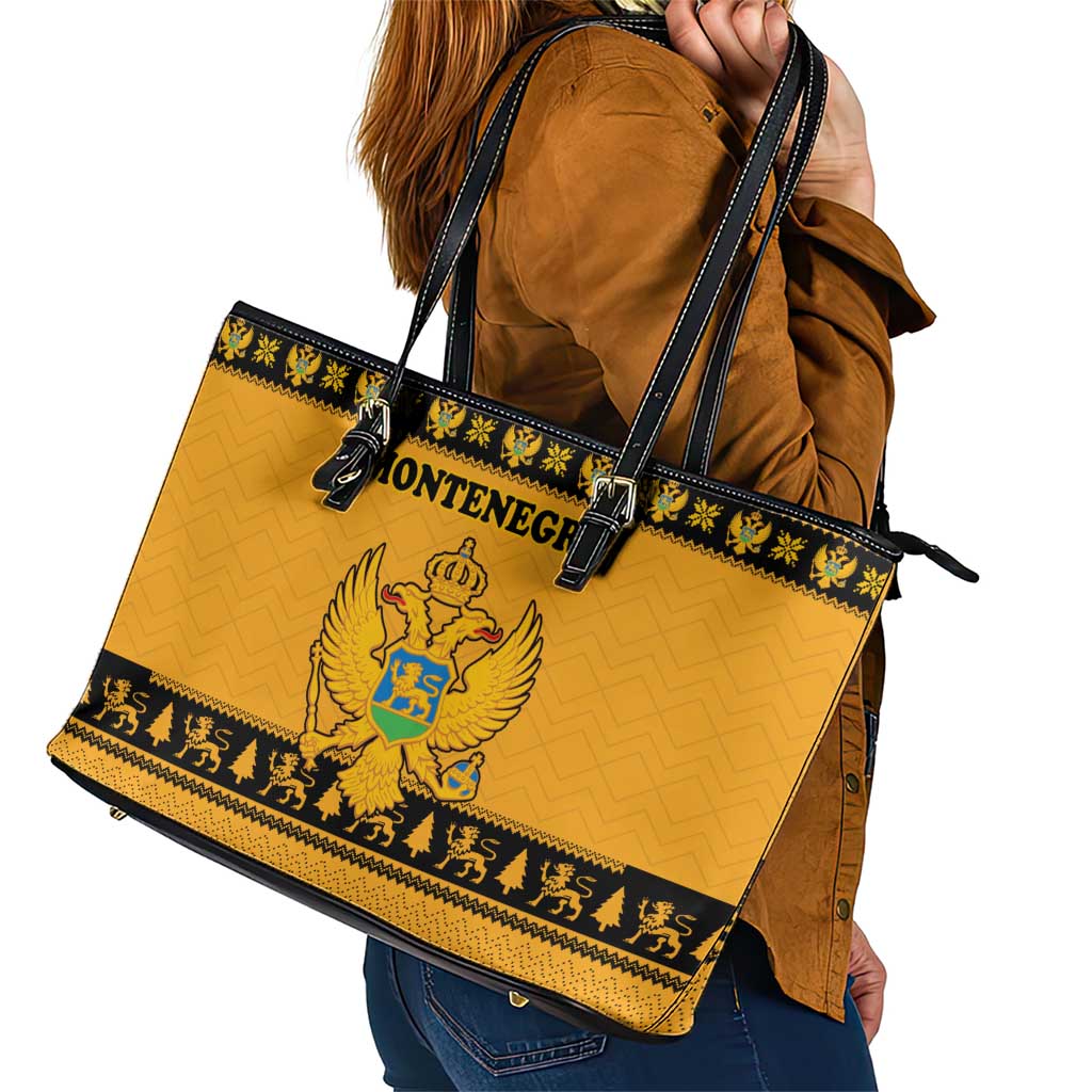 Montenegro Christmas Leather Tote Bag with Gold-Black Theme, Double-Headed Eagle, and Map Motif - Wonder Print Shop