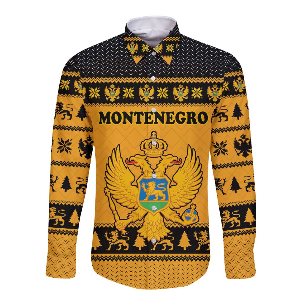 Montenegro Christmas Long Sleeve Button Shirt with Gold-Black Theme, Double-Headed Eagle, and Map Motif - Wonder Print Shop