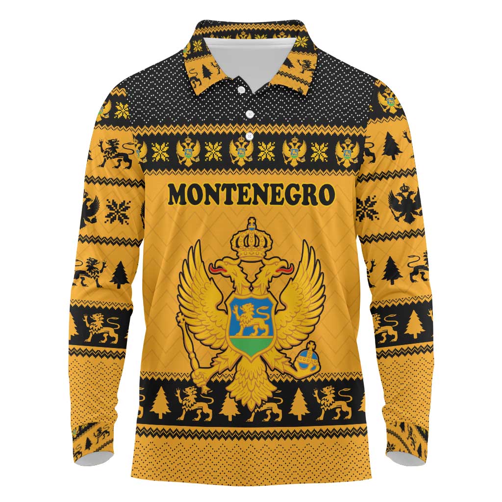 Montenegro Christmas Long Sleeve Polo Shirt with Gold-Black Theme, Double-Headed Eagle, and Map Motif - Wonder Print Shop