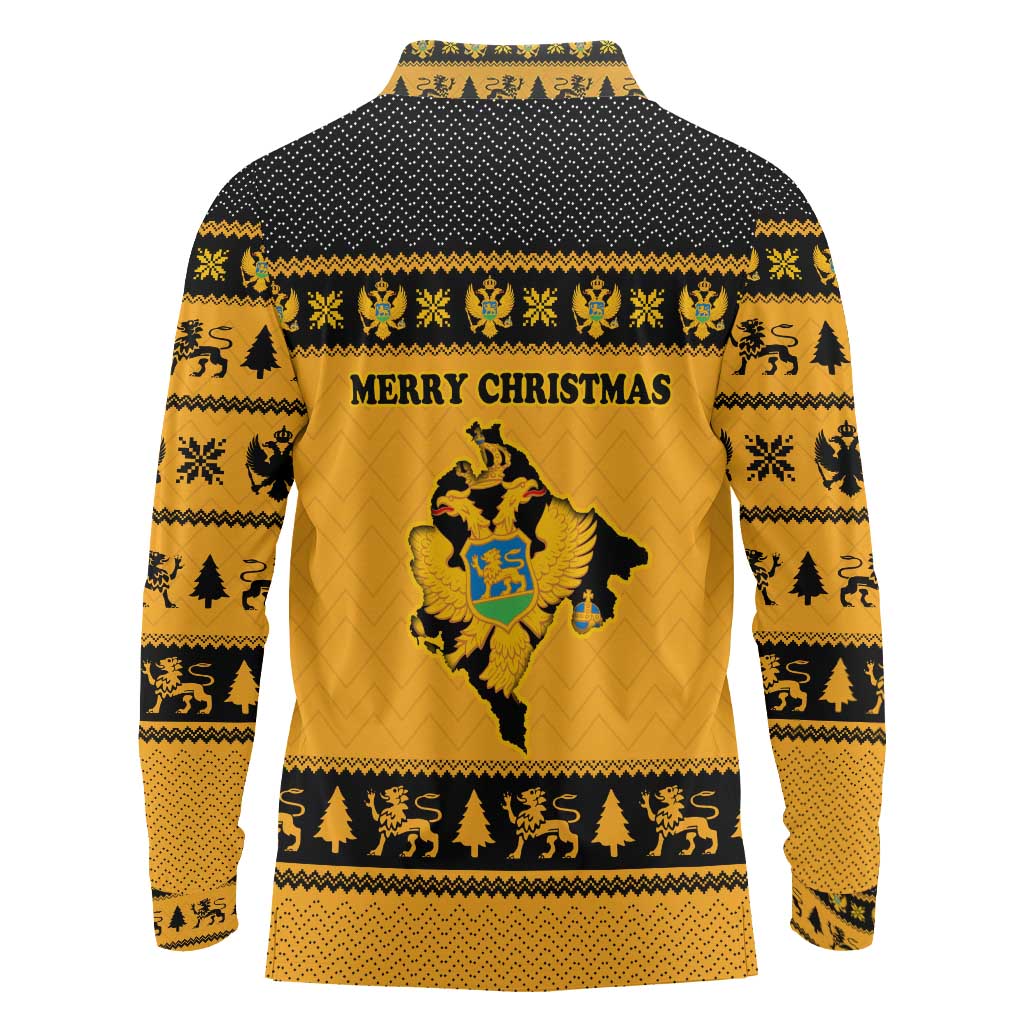 Montenegro Christmas Long Sleeve Polo Shirt with Gold-Black Theme, Double-Headed Eagle, and Map Motif - Wonder Print Shop