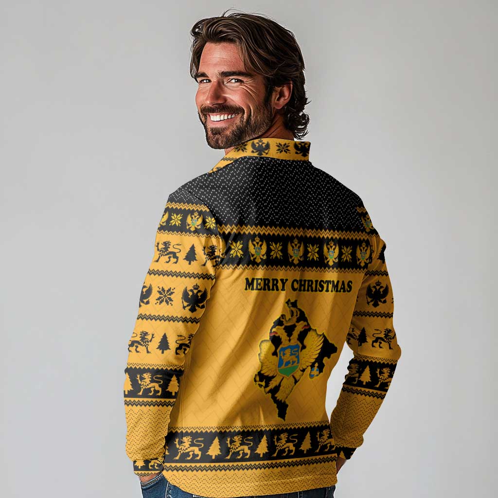 Montenegro Christmas Long Sleeve Polo Shirt with Gold-Black Theme, Double-Headed Eagle, and Map Motif - Wonder Print Shop