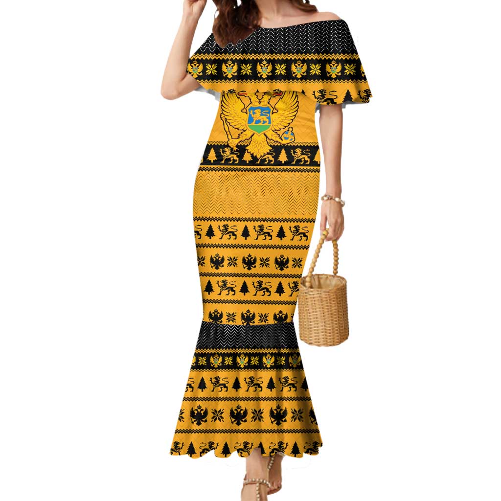 Montenegro Christmas Mermaid Dress with Gold-Black Theme, Double-Headed Eagle, and Map Motif - Wonder Print Shop