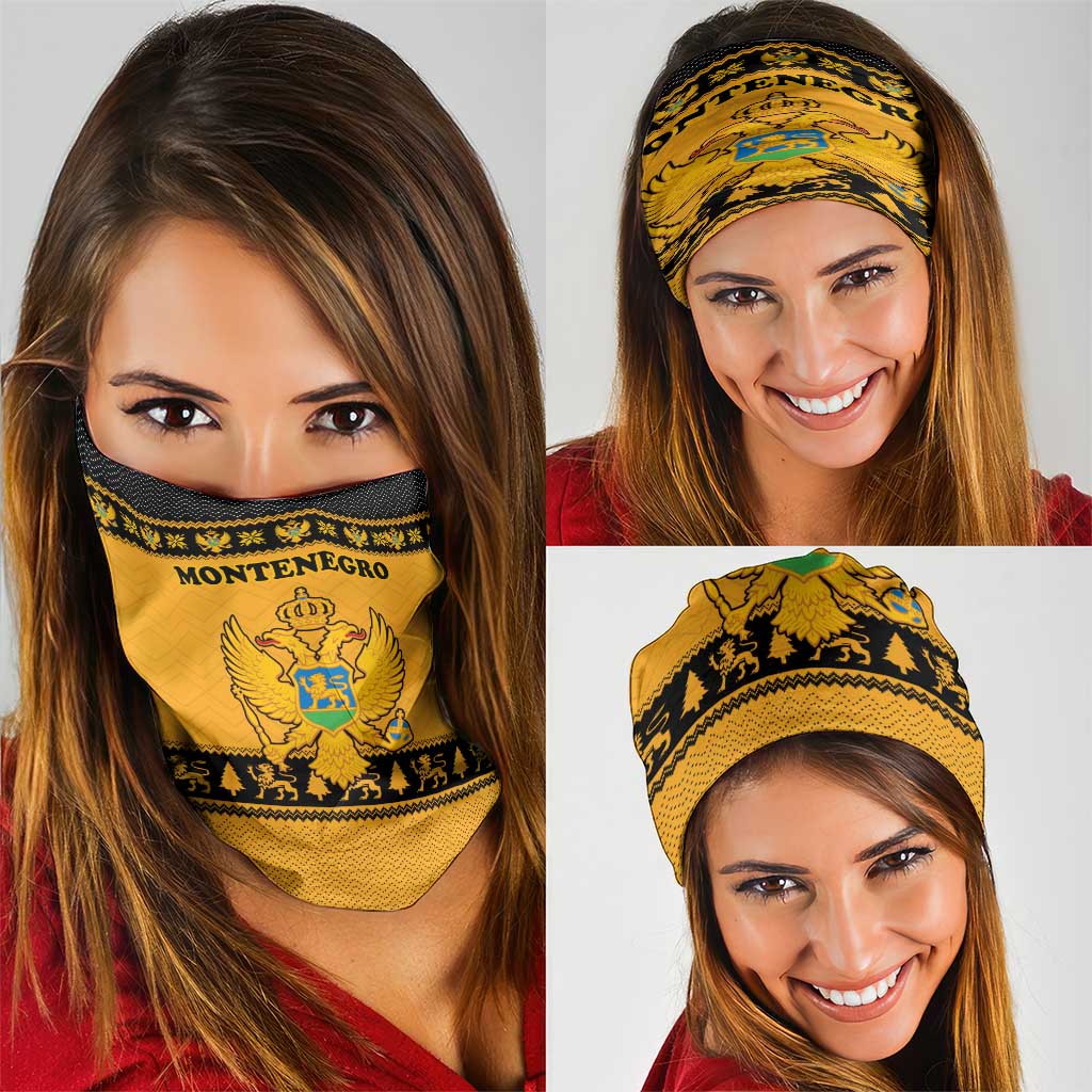 Montenegro Christmas Neck Gaiter with Gold-Black Theme, Double-Headed Eagle, and Map Motif - Wonder Print Shop