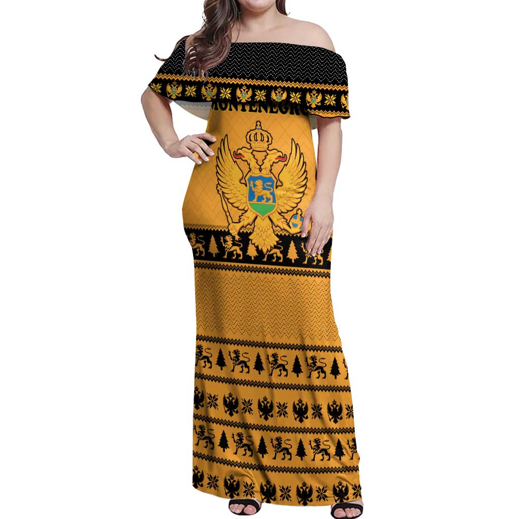 Montenegro Christmas Off Shoulder Maxi Dress with Gold-Black Theme, Double-Headed Eagle, and Map Motif - Wonder Print Shop
