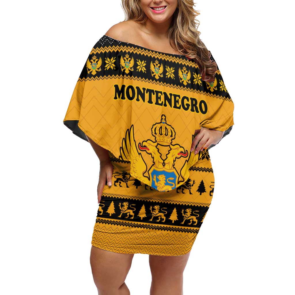 Montenegro Christmas Off Shoulder Short Dress with Gold-Black Theme, Double-Headed Eagle, and Map Motif - Wonder Print Shop