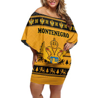 Montenegro Christmas Off Shoulder Short Dress with Gold-Black Theme, Double-Headed Eagle, and Map Motif - Wonder Print Shop