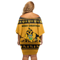 Montenegro Christmas Off Shoulder Short Dress with Gold-Black Theme, Double-Headed Eagle, and Map Motif - Wonder Print Shop