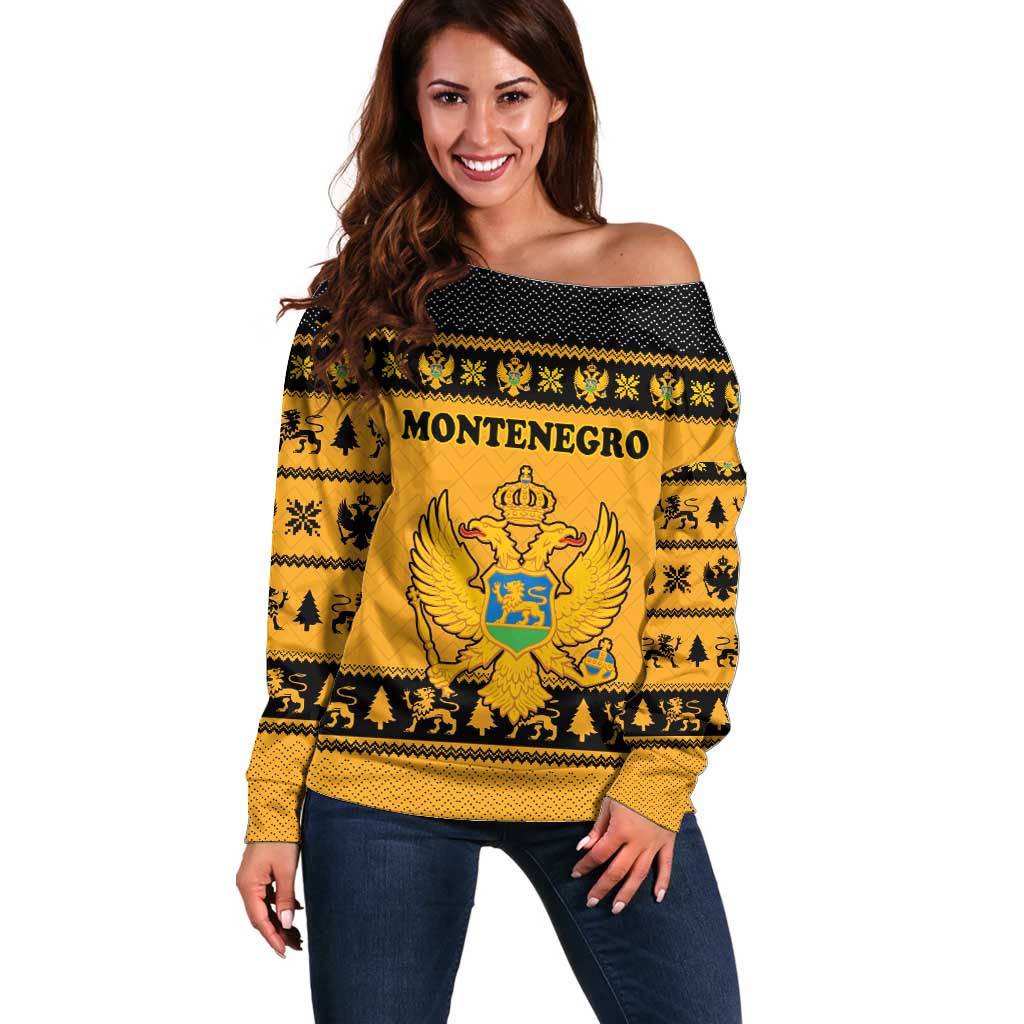 Montenegro Christmas Off Shoulder Sweater with Gold-Black Theme, Double-Headed Eagle, and Map Motif - Wonder Print Shop
