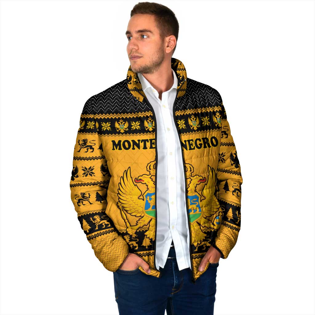 Montenegro Christmas Padded Jacket with Gold-Black Theme, Double-Headed Eagle, and Map Motif - Wonder Print Shop