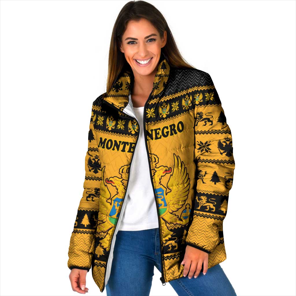 Montenegro Christmas Padded Jacket with Gold-Black Theme, Double-Headed Eagle, and Map Motif - Wonder Print Shop