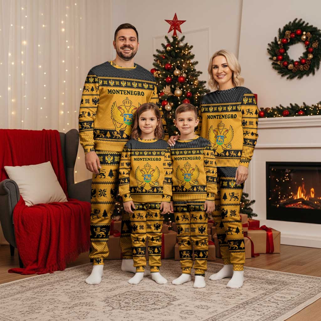 Montenegro Christmas Pajama Set with Gold-Black Theme, Double-Headed Eagle, and Map Motif - Wonder Print Shop