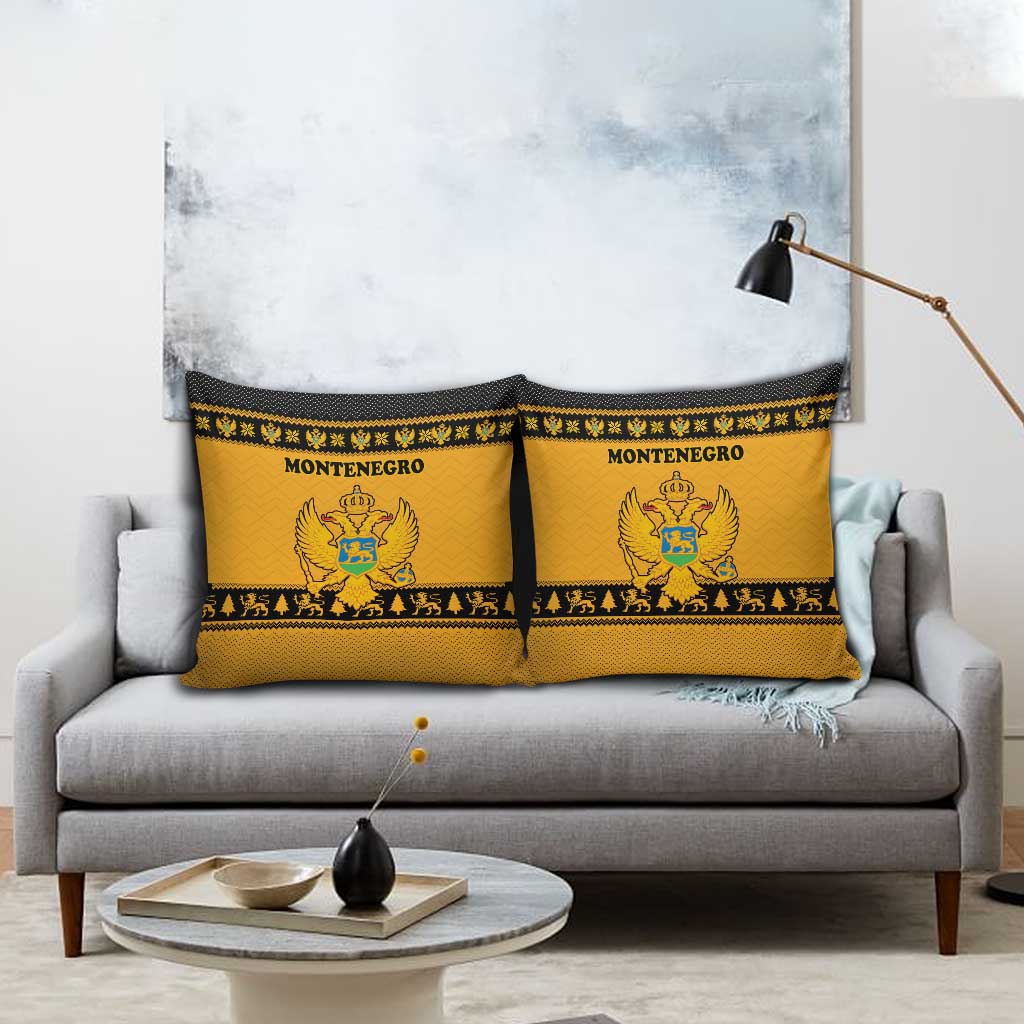 Montenegro Christmas Pillow Cover with Gold-Black Theme, Double-Headed Eagle, and Map Motif - Wonder Print Shop