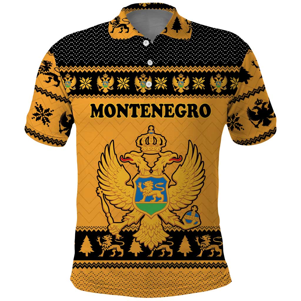 Montenegro Christmas Polo Shirt with Gold-Black Theme, Double-Headed Eagle, and Map Motif - Wonder Print Shop