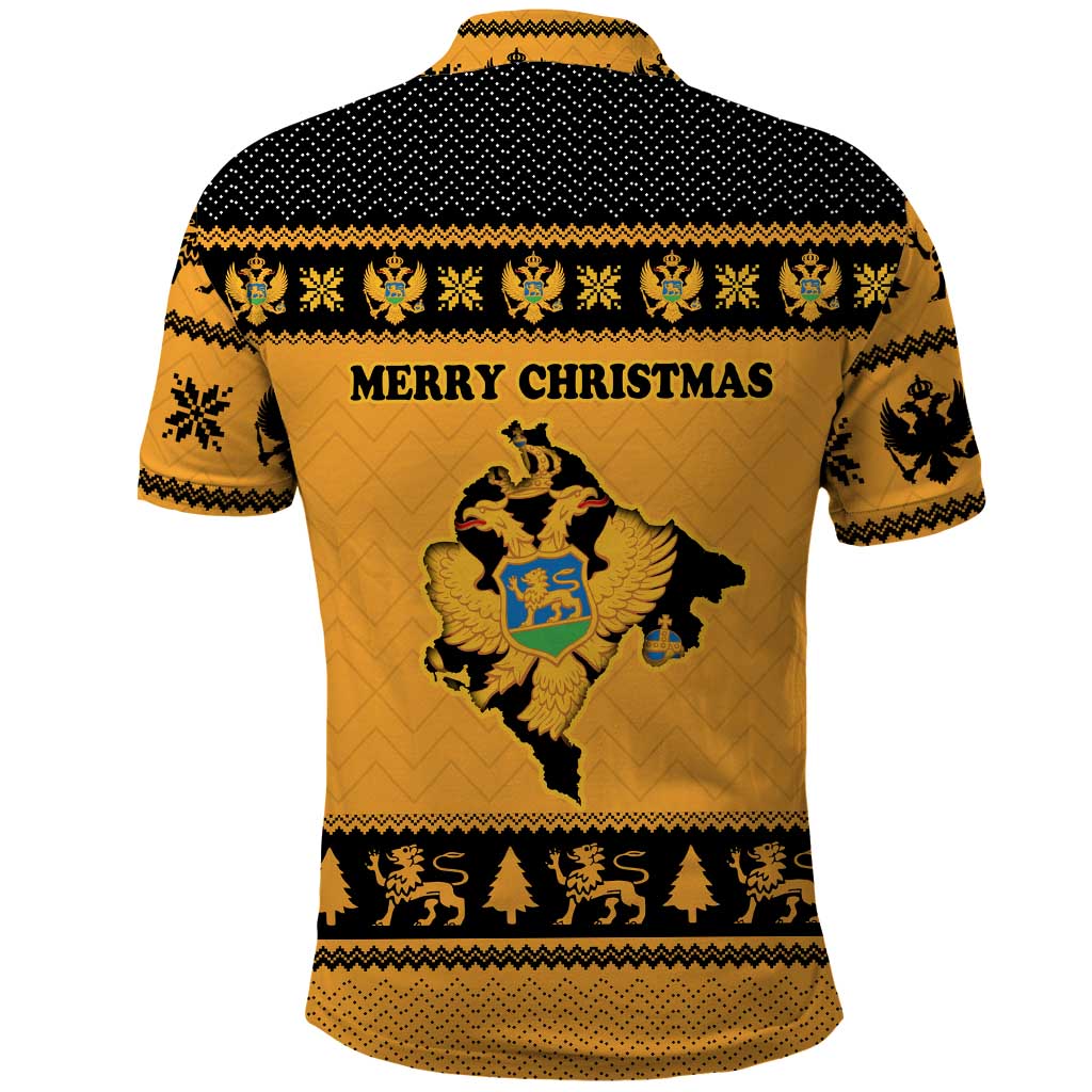 Montenegro Christmas Polo Shirt with Gold-Black Theme, Double-Headed Eagle, and Map Motif - Wonder Print Shop