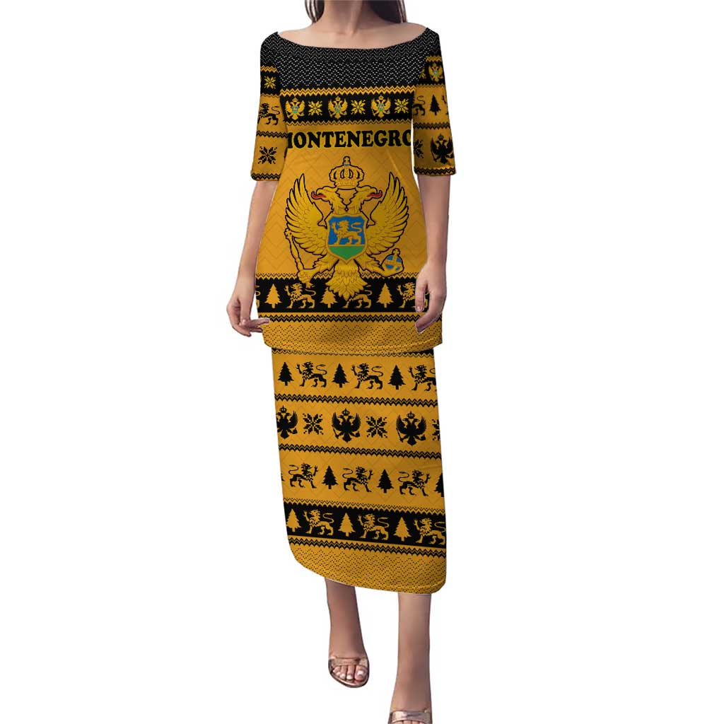 Montenegro Christmas Puletasi with Gold-Black Theme, Double-Headed Eagle, and Map Motif - Wonder Print Shop