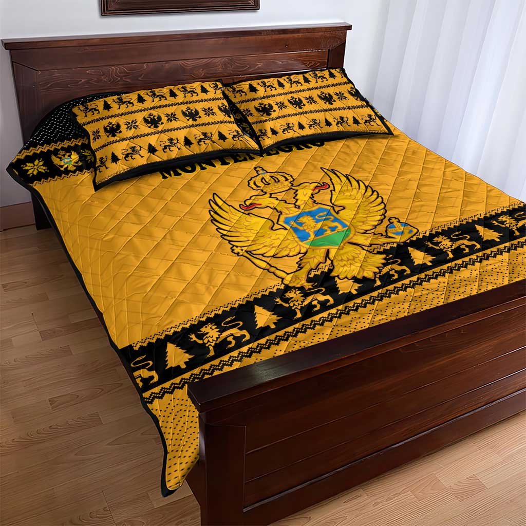 Montenegro Christmas Quilt Bed Set with Gold-Black Theme, Double-Headed Eagle, and Map Motif - Wonder Print Shop