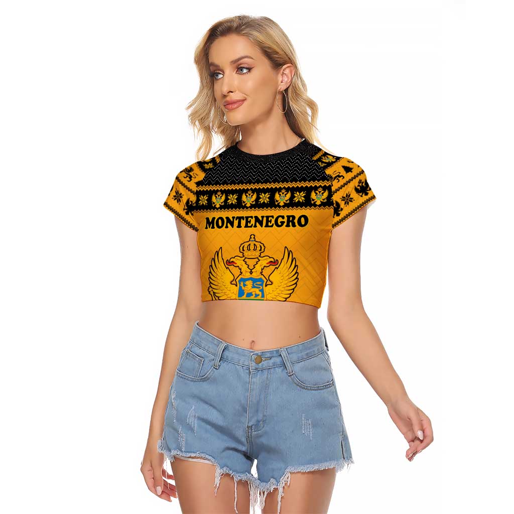 Montenegro Christmas Raglan Cropped T Shirt with Gold-Black Theme, Double-Headed Eagle, and Map Motif - Wonder Print Shop