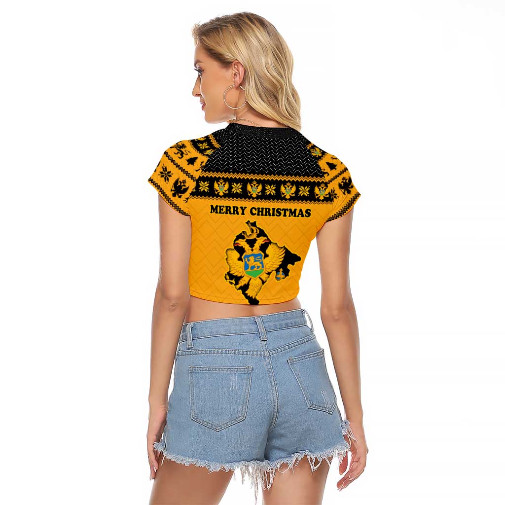 Montenegro Christmas Raglan Cropped T Shirt with Gold-Black Theme, Double-Headed Eagle, and Map Motif - Wonder Print Shop