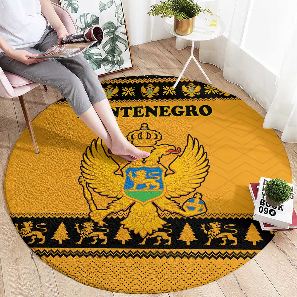 Montenegro Christmas Round Carpet with Gold-Black Theme, Double-Headed Eagle, and Map Motif - Wonder Print Shop