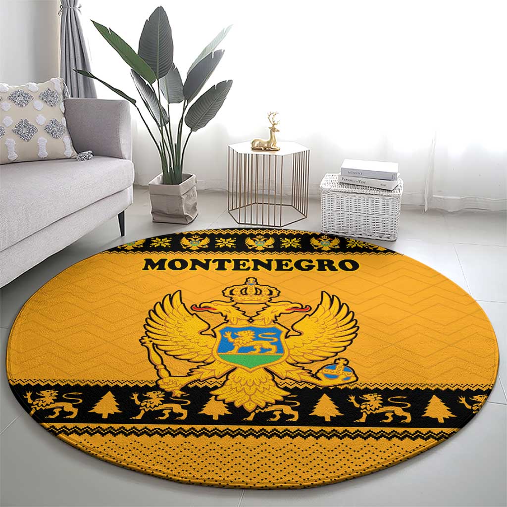 Montenegro Christmas Round Carpet with Gold-Black Theme, Double-Headed Eagle, and Map Motif - Wonder Print Shop