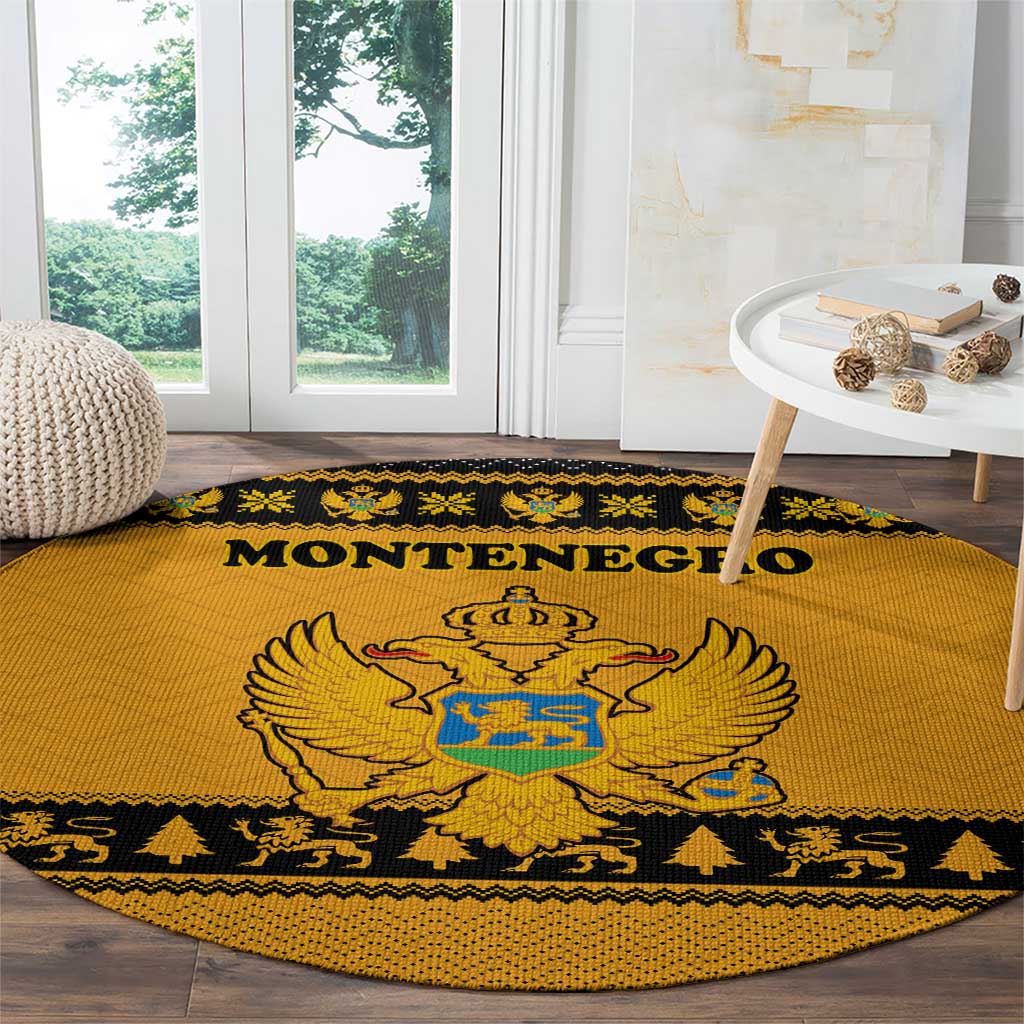 Montenegro Christmas Round Carpet with Gold-Black Theme, Double-Headed Eagle, and Map Motif - Wonder Print Shop
