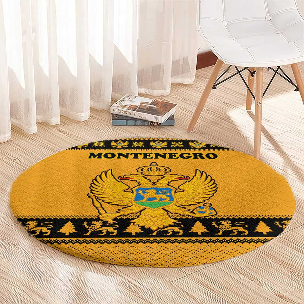 Montenegro Christmas Round Carpet with Gold-Black Theme, Double-Headed Eagle, and Map Motif - Wonder Print Shop