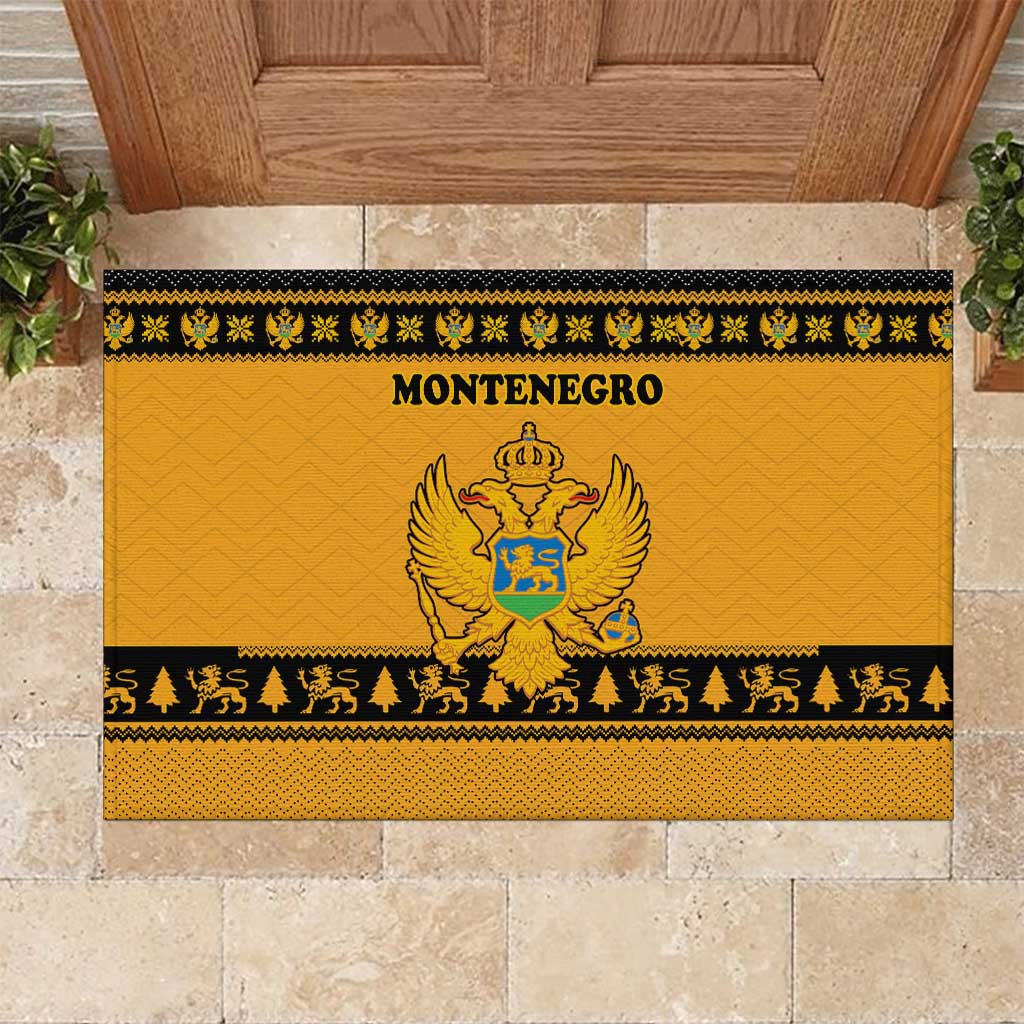 Montenegro Christmas Rubber Doormat with Gold-Black Theme, Double-Headed Eagle, and Map Motif - Wonder Print Shop