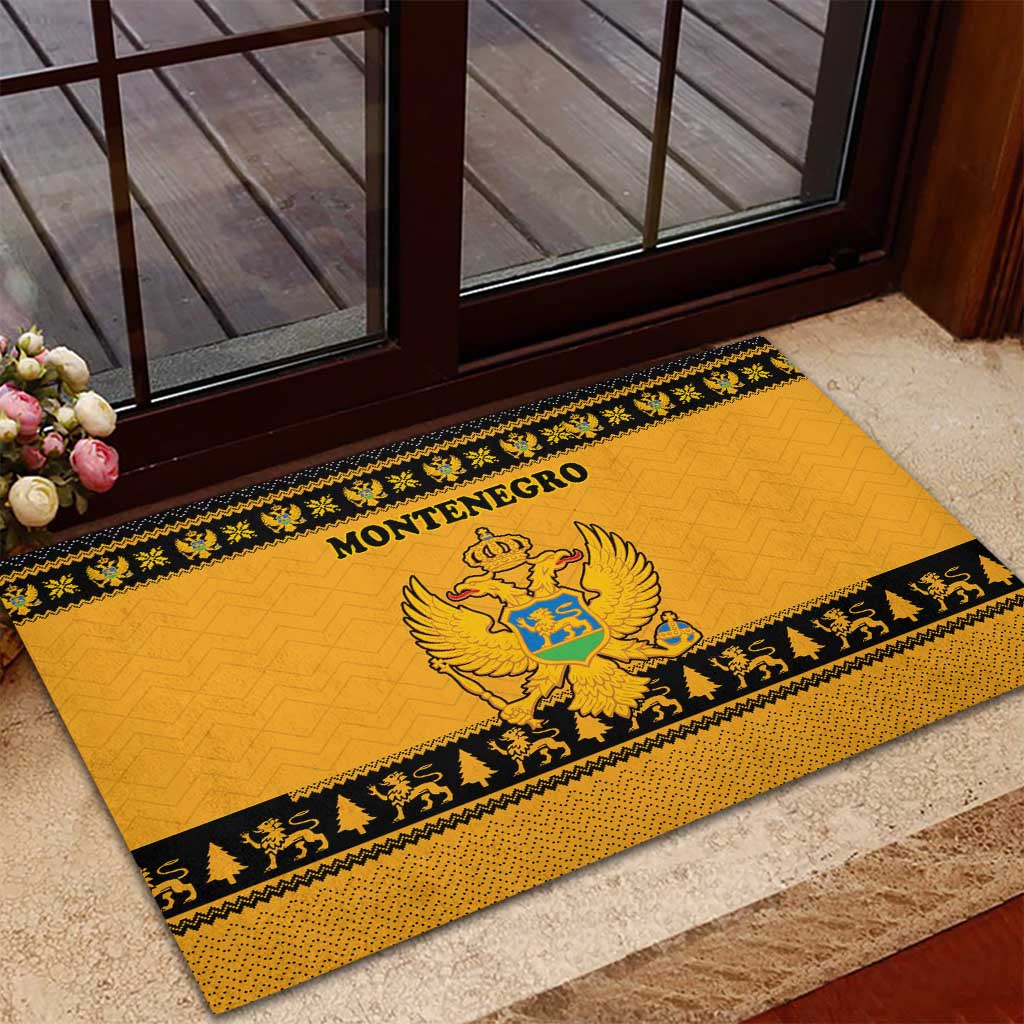 Montenegro Christmas Rubber Doormat with Gold-Black Theme, Double-Headed Eagle, and Map Motif - Wonder Print Shop