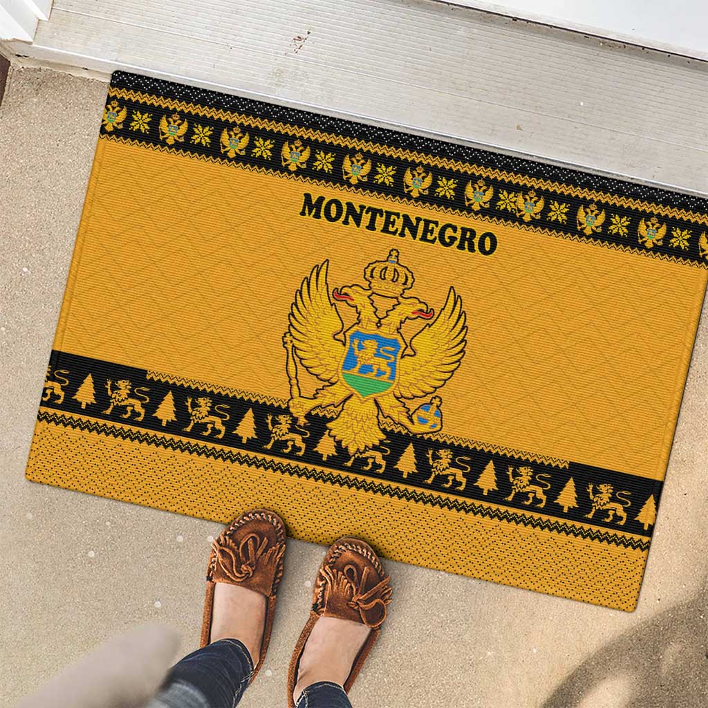 Montenegro Christmas Rubber Doormat with Gold-Black Theme, Double-Headed Eagle, and Map Motif - Wonder Print Shop